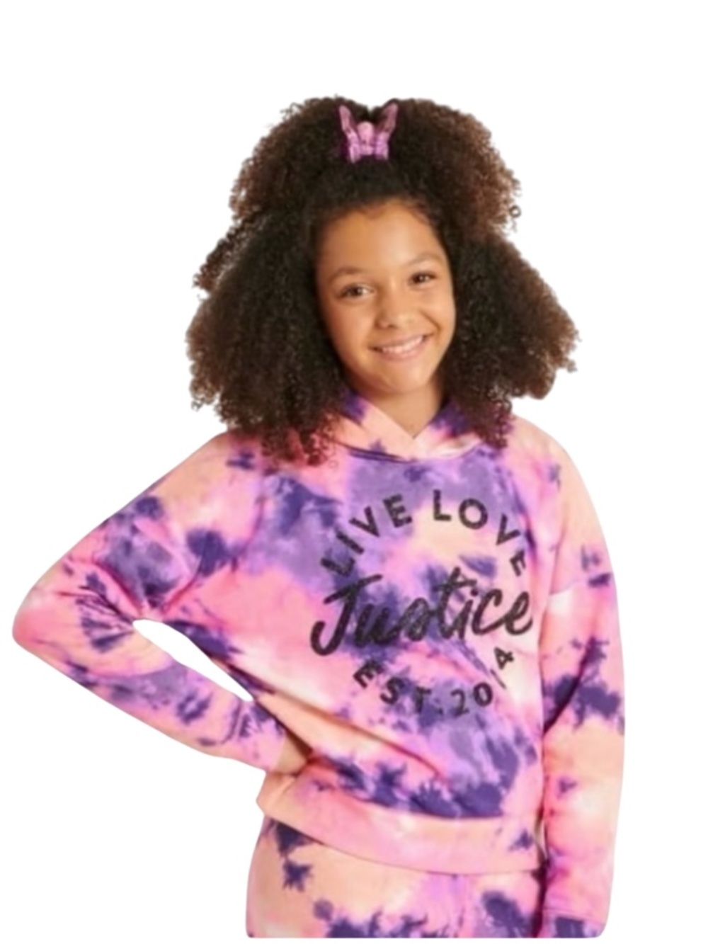 Justice Pink & Purple Tie-Dye Hoodie with Glitter Logo – Size XL GUC
